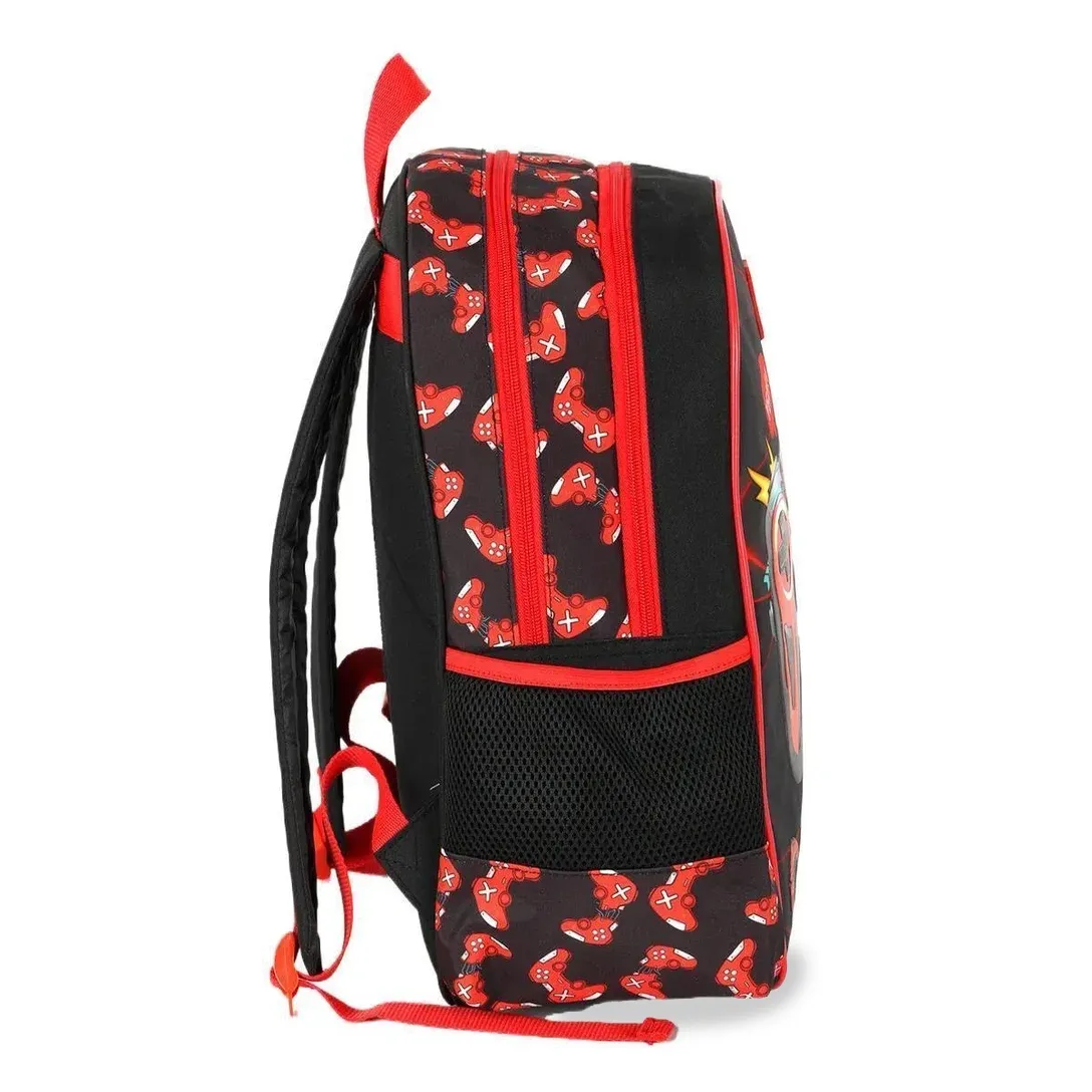 Mochila Luxcel vermelha vista lateral direita mostrando detalhes da estampa e alças